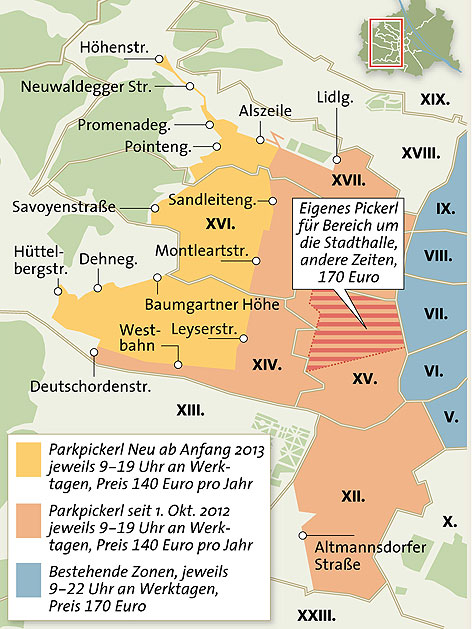 Parkpickerl-Zonen im Westen Wiens seit Oktober 2012 und ab 2013