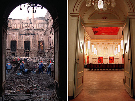 Der Große Redoutensaal in der Hofburg kurz nach dem Brand vom 27.11.1992 (links) und nach der Renovierung 1997 (rechts)