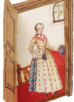 Eine Frau hinter einer aufklappbaren Tür aus Papier zur Zeit Mozart