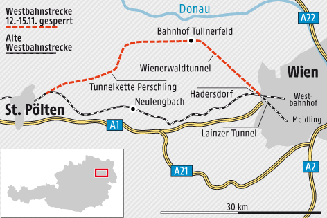 Karte zeigt die neue Westbahnstrecke von Wien nach St. Pölten