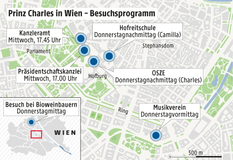 Grafik zeigt die Stationen des Besuchs von Prinz Charles und Ehefrau Camilla in Wien