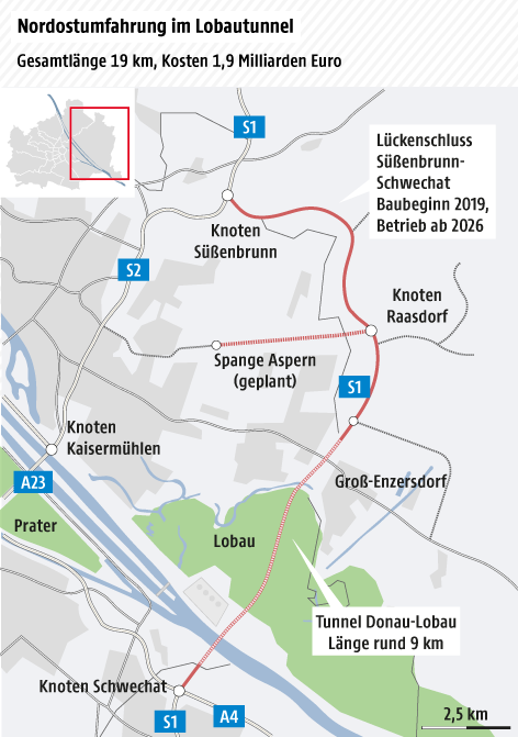 Karte Wien-Ost, geplanter Verlauf der Nordostumfahrung S1