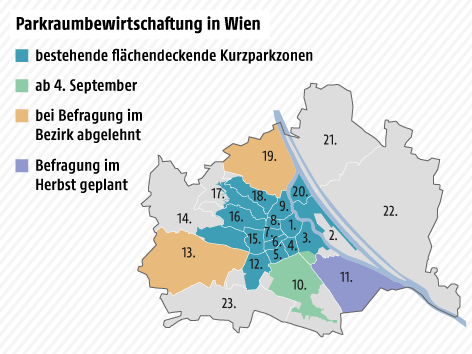 Karte Wien, bestehende und künftige Kurzparkzonen