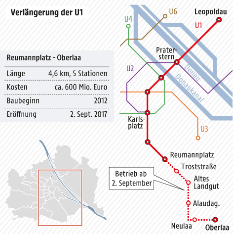 Karte vom Wiener U-Bahn-Netz mit der Verlängerung der U1 nach Oberlaa