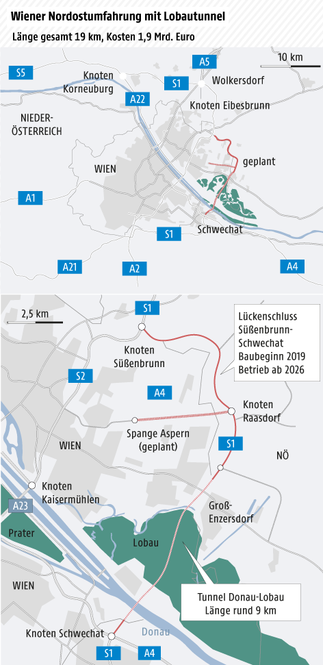 Übersichtskarte Großraum Wien mit Verkehrssnetz, Detailkarte Lobautunnel