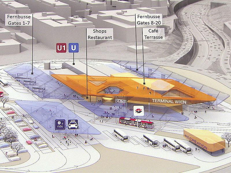Modell der Wirtschaftskammer für Fernbus-Terminal am Verteilerkreis