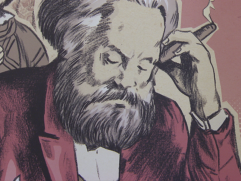 Karl Marx auf Bild in Ausstellung im Waschsalon Karl-Marx-Hof