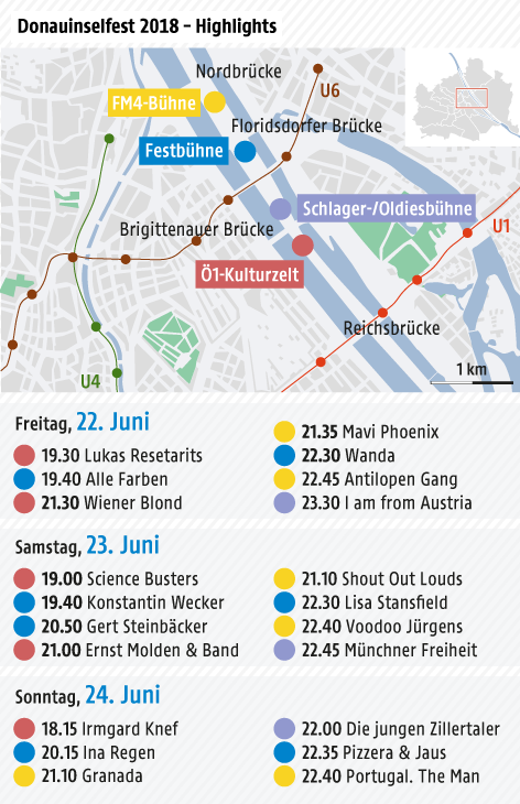 Kartenausschnitt Donauinsel mit Lokalisierung ausgewählter Bühnen, Highlights aus dem Programm 2018