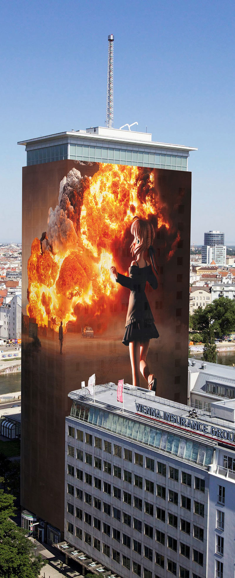 Ringturm Visualisierung mit Brand und Mädchen mit Maschinengewehr