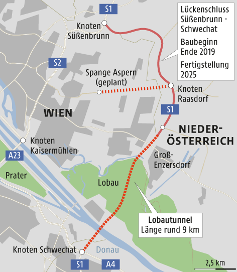 Grafik zeigt die Wiener Nordostumfahrung mit Lobautunnel