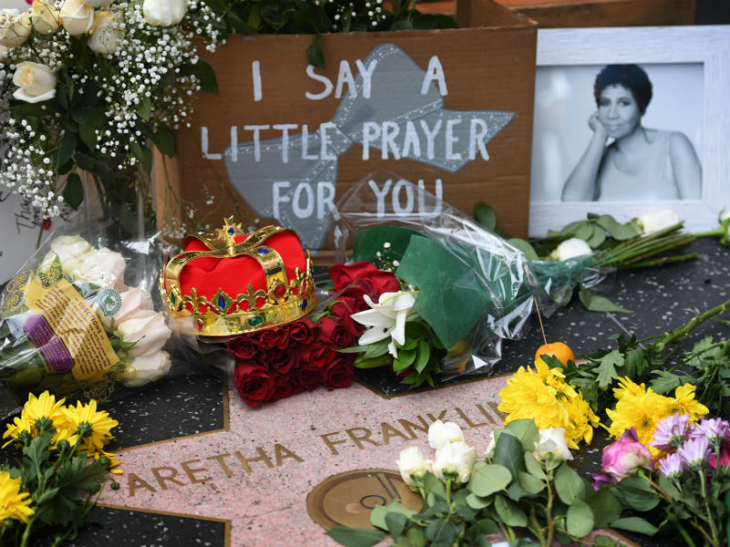 Flowers and tributes are placed on the Star for Aretha Franklin on the Hollywood Walk of Fame in Hollywood, California, August 16, 2018