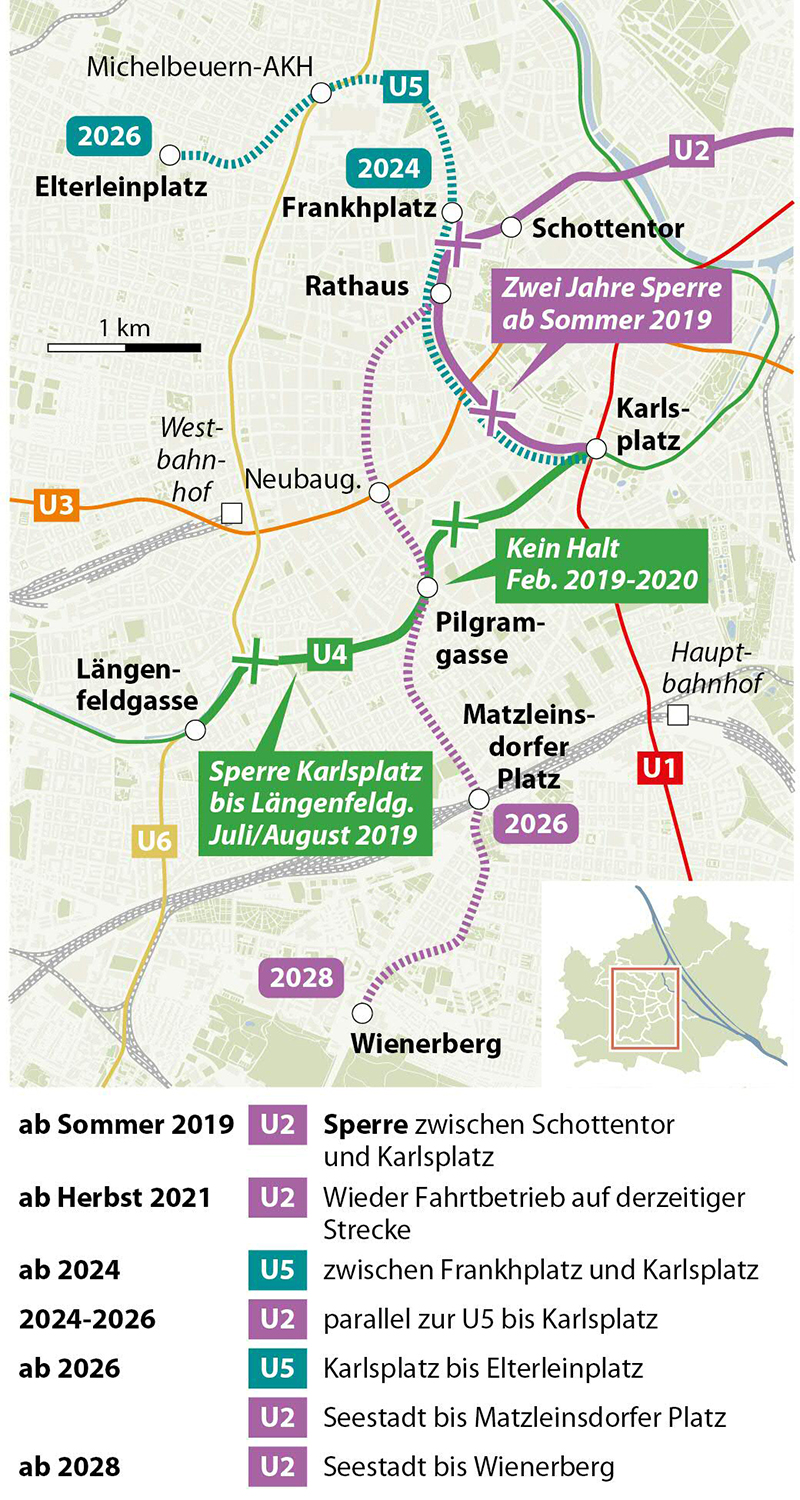 Grafik: Umbau im Wiener U-Bahn-Netz - Wienplan mit U-Bahnen U2 und U5, Ausbaustufen mit Terminen