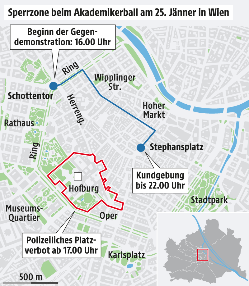 Karte zeigt Sperrzone in Wien beim Akademikerball