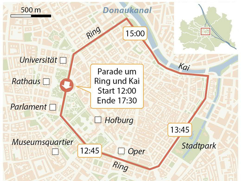 Regenbogenparade am 15. Juni in Wien. Im Bidl: Eine Grafik der Route
